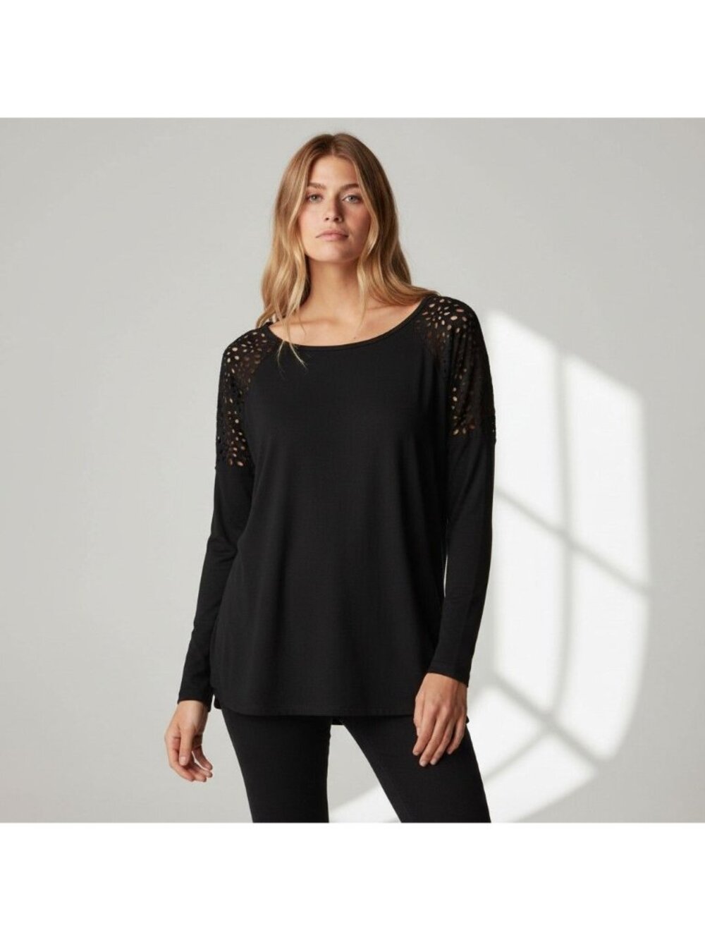 Black Long-Sleeve Top With Perforated Detail On Shoulders Size XS